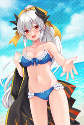  :d ass_visible_through_thighs bare_arms bikini blue_bikini blush bow breasts cleavage commentary_request cowboy_shot fate/grand_order fate_(series) female frilled_bikini frills hairbow highres horns kiyohime_(fate) kiyohime_(swimsuit_lancer)_(fate) kiyohime_(swimsuit_lancer)_(third_ascension)_(fate) long_hair looking_at_viewer medium_breasts navel ocean open_mouth outstretched_hand photoshop_(medium) pika_mouse ponytail red_eyes smile solo swimsuit white_hair 