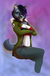  alternative_fashion anthro bottomwear breasts canid canine canis cigarette clothing ear_piercing ear_ring exposure_variation female grin hair hi_res hoodie jacket jenny_(disambiguation) kaislair mammal pants piercing punk ring_piercing smile solo topwear undercut wolf 