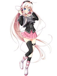  ahoge asymmetrical_legwear blue_eyes blush boots braid commentary_request female hair_between_eyes headphones ia_(vocaloid) khnchak kneehighs long_bangs long_hair looking_at_viewer parted_lips pink_hair pink_skirt pleated_skirt simple_background single_thighhigh skirt socks solo standing standing_on_one_leg thigh_strap thighhighs twin_braids uneven_legwear very_long_hair vocaloid white_background white_footwear white_hair 