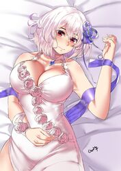  artist_name azur_lane bed_sheet blue_gemstone blush breasts choker cleavage closed_mouth collarbone commentary_request dress eyes_visible_through_hair female fingernails flower gem genm7 hair_between_eyes hair_flower hair_ornament hair_ribbon halter_dress halterneck hand_on_own_stomach hand_up head_tilt highres large_breasts looking_at_viewer lying official_alternate_costume on_back purple_flower purple_ribbon red_eyes ribbon short_hair sidelocks signature sirius_(azur_lane) sirius_(white_rose)_(azur_lane) solo white_dress white_hair 