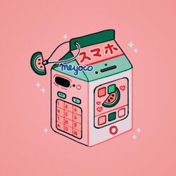  artist_name bad_id bad_instagram_id cellphone commentary food food_focus fruit heart keypad meyoco milk_carton no_humans original phone pink_background simple_background smartphone sparkle watermelon 