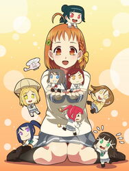  &gt;_&lt; 6+girls ahoge aircraft black_socks blue_eyes blunt_bangs braid brown_hair bubble_background chibi clover_hair_ornament commentary_request falling flying_sweatdrops green_eyes hair_bun hair_ornament hair_ribbon helicopter khnchak kunikida_hanamaru kurosawa_dia kurosawa_ruby long_hair love_live! love_live!_sunshine!! matsuura_kanan multiple_girls no_nose ohara_mari parachute pleated_skirt ponytail purple_eyes purple_hair red_eyes red_hair ribbon sakurauchi_riko short_hair side_braid single_hair_bun single_side_bun sitting skirt smile socks standing standing_on_one_leg sweatdrop takami_chika tsushima_yoshiko two_side_up wariza watanabe_you waving yellow_eyes yellow_ribbon 