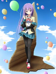  balloon black_pantyhose cardigan cloud commentary_request day female full_body gj-bu khnchak long_hair looking_at_viewer pantyhose plaid plaid_skirt purple_eyes purple_hair school_uniform skirt sky smile solo standing sumeragi_shion 