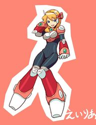  alia alia_(rockman) android arm_support artist_request blonde_hair blue_eyes bodysuit breasts eyebrows_visible_through_hair female female framed_breasts full_body gloves headgear headset knees_together_feet_apart long_hair medium_breasts open_mouth simple_background sitting smile solo source_request white_gloves 