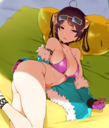  ahoge armlet ass azur_lane bebebe_(pepegakii) bikini blush breasts brown_hair cleavage collarbone commentary_request eyewear_on_head female fur_trim hair_ornament hair_rings hand_on_own_ass highres jacket looking_at_viewer lying manjuu_(azur_lane) mat medium_breasts navel ning_hai_(azur_lane) ning_hai_(summer_hunger)_(azur_lane) official_alternate_costume on_side open_mouth purple_bikini purple_eyes shadow short_hair solo sunglasses sweat swimsuit twintails 