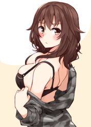  absurdres bad_id bad_nicoseiga_id bare_shoulders beige_background black_bra blush bra breasts brown_eyes brown_hair cleavage closed_mouth collarbone commentary_request female grey_jacket hair_between_eyes high_school_fleet highres jacket kapatarou kuroki_hiromi long_sleeves looking_at_viewer looking_to_the_side medium_breasts off_shoulder shoulder_blades simple_background solo underwear undressing upper_body 