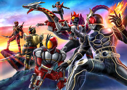  6+boys antennae armed_hibiki armor battle belt bodysuit commentary crossover dragon dragreder faiz_blaster fire flying full_armor gloves glowing gold_armor helmet highres holding holding_sword holding_weapon horns kamen_rider kamen_rider_555 kamen_rider_agito kamen_rider_agito_(series) kamen_rider_blade kamen_rider_blade_(king_form) kamen_rider_blade_(series) kamen_rider_faiz kamen_rider_hibiki kamen_rider_hibiki_(series) kamen_rider_kuuga kamen_rider_kuuga_(series) kamen_rider_kuuga_(ultimate_form) kamen_rider_ryuki kamen_rider_ryuki_(series) kamen_rider_ryuki_survive king_rouzer male_focus mask masukudo_(hamamoto_hikaru) monster multiple_boys oni pose red_eyes riding scales sword tokusatsu weapon yellow_eyes 