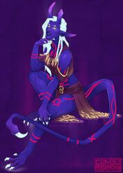  black_lips blacklight bottomwear braided_hair broken_horn claws clothed clothing demon digitigrade female gutter_tongue hair horn horned_humanoid humanoid lips loincloth markings not_furry purple_body purple_skin solo toe_claws white_hair yellow_eyes 