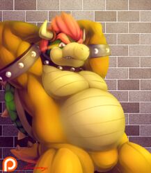  2016 anthro armband biceps bowser brick_wall bulge collar collar_only featureless_crotch hair hands_behind_head horn koopa looking_at_viewer male mario_bros musclegut muscular muscular_anthro muscular_male nintendo nude overweight overweight_anthro overweight_male patreon patreon_logo pecs primodrago red_eyes red_hair scalie signature smile solo spiked_armband spiked_collar spikes standing wall_(structure) 