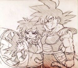  armor bardock black_eyes black_hair commentary_request dragon_ball expressionless father_and_son gine monochrome mother_and_son sad saiyan_armor scarf short_hair simple_background son_goku spiked_hair tail tears tkgsize wristband 