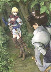  1boy aritani_mahoro armor arrow_(projectile) blonde_hair boots bow_(weapon) brown_hair bush commentary_request elf facing_away fantasy female forest highres knee_boots leaf nature original outdoors photoshop_(medium) pointy_ears quiver scabbard sheath sheathed short_hair sword traditional_media tree weapon 