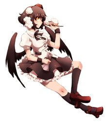  black_hair black_socks black_wings brown_eyes commentary_request female full_body geta hat looking_up profile shameimaru_aya short_hair smile socks solo tengu-geta tokin_hat touhou urita_(vivivinicol) wings 