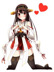  bare_shoulders black_hair black_thighhighs blush boots brown_hair commentary_request detached_sleeves female hairband haruna_(kancolle) headgear heart heart_hands highres kantai_collection khnchak long_hair looking_at_viewer nontraditional_miko red_eyes red_skirt simple_background skirt smile solo thigh_boots thighhighs white_background 