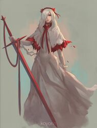  commentary dress female fennel_(momodora) flower hairband highres holding holding_sword holding_weapon koyorin long_hair momodora:_reverie_under_the_moonlight red_eyes solo sword torn_clothes torn_dress weapon white_dress white_hair 