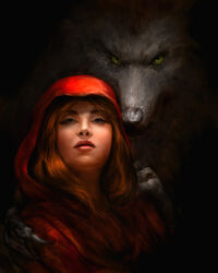  2016 4:5 absurd_res angry big_bad_wolf black_background black_body black_claws black_fur blue_eyes bust_portrait canid canine canis cape chris_scalf claws clothing detailed digital_media_(artwork) duo fairy_tales female fur green_eyes guardian hair hand_on_shoulder hi_res human little_red_riding_hood little_red_riding_hood_(copyright) long_hair looking_at_viewer male mammal nude portrait realistic red_hair simple_background wolf 