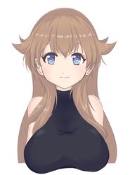  black_shirt blue_(pokemon) blue_(pokemon)_(classic) blue_eyes blush breasts brown_hair doruka female large_breasts long_hair looking_at_viewer pokemon pokemon_rgby shirt simple_background sleeveless sleeveless_shirt smile solo turtleneck upper_body white_background 