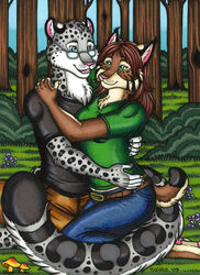  anthro barefoot bobcat breasts clothed clothing duo eyewear feet felid feline female flower forest fully_clothed fungus glasses hug kalika-tybera lynx male male/female mammal mushroom pantherine pawpads paws pink_pawpads plant snow_leopard soles tree 