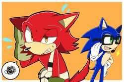  2017 anthro big_head black_nose canid canine canis clothing custom_character_(sonic_forces) duo eulipotyphlan eyewear frustration_cloud fur gadget_the_wolf glasses gloves handwear hedgehog iconography male mammal sega sonic_forces sonic_the_hedgehog sonic_the_hedgehog_(series) sonicsky2337 speech_bubble toony wolf 