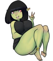  anklet barefoot black_hair ear_piercing feet female gesture green_body green_skin hair hand_gesture humanoid humanoid_feet humanoid_pointy_ears jewelry lips monster_girl_(genre) not_furry orc piercing plantigrade red_eyes scas soles solo tusks v_sign 