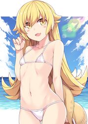  :d bangs bare_shoulders beach bikini blonde_hair blush_stickers collarbone female flat_chest gluteal_fold hasu_(hk_works) hat hat_removed headwear_removed long_hair looking_at_viewer monogatari_(series) navel ocean oerba_yun_fang open_mouth oshino_shinobu smile solo straw_hat swimsuit white_bikini yellow_eyes 