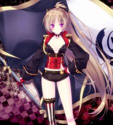  aiguillette asymmetrical_legwear azur_lane bad_id bad_twitter_id belt black_belt black_choker black_shorts blush bow breasts brown_hair checkered checkered_background choker closed_mouth collarbone commentary_request epaulettes female flag gloves hairbow half_gloves hand_on_own_hip holding holding_flag jean_bart_(azur_lane) long_hair looking_at_viewer midriff mikoto_(mikoto_r_a) ponytail red_eyes short_shorts shorts sidelocks single_thighhigh skull skull_belt sleeve_cuffs small_breasts solo standing striped_clothes striped_thighhighs thighhighs thighs uneven_legwear vertical-striped_clothes vertical-striped_thighhighs vichya_dominion_(emblem) 