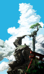  blue_sky blurry bridge cloud cloudy_sky column commentary_request day depth_of_field fantasy grass highres leaf mountaintop no_humans nurie_(siniariot) original outdoors photoshop_(medium) pillar plant_roots ruins scenery shrine sky stairs torii tree 