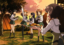  5girls :d absurdres akiyama_yukari apron arm_up black_hair black_neckerchief black_socks black_thighhighs blunt_bangs brown_eyes brown_footwear brown_hair camouflage_apron closed_eyes food fork girls_und_panzer hairband highres holding holding_fork isuzu_hana kneehighs leg_up loafers long_hair miniskirt multiple_girls neckerchief nishizumi_miho official_art ooarai_school_uniform open_mouth outdoors pleated_skirt reizei_mako running sailor_collar school_uniform serafuku shirt shoes short_hair skirt smile socks takebe_saori thighhighs white_hairband white_sailor_collar white_shirt yoshida_nobuyoshi zettai_ryouiki 