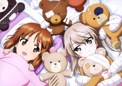  2girls :d absurdres bed_sheet black_hairband blush boko_(girls_und_panzer) brown_eyes brown_hair from_above girls_und_panzer hair_between_eyes hairband highres holding holding_stuffed_toy light_brown_hair long_hair looking_at_viewer multiple_girls nishizumi_miho official_art one_side_up open_mouth pale_skin pillow shimada_arisu smile stuffed_animal stuffed_toy teddy_bear upper_body yoshida_nobuyoshi 