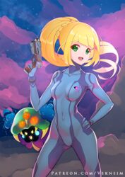  blonde_hair bodysuit breasts commentary cosmog cosplay crossover female green_eyes gun handgun holding holding_gun holding_weapon lillie_(pokemon) medium_breasts metroid metroid_(creature) metroid_(creature)_(cosplay) paralyzer patreon_username pokemon pokemon_(creature) pokemon_sm ponytail samus_aran samus_aran_(cosplay) vekneim watermark weapon web_address zero_suit 