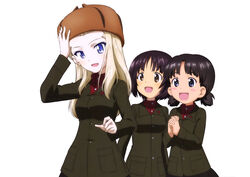  3girls :d absurdres alina_(girls_und_panzer) black_hair black_skirt blonde_hair blue_eyes blush brown_eyes brown_hair brown_hat brown_jacket clara_(girls_und_panzer) dress_shirt fur_hat girls_und_panzer hat highres jacket military military_uniform multiple_girls nina_(girls_und_panzer) official_art open_mouth own_hands_clasped own_hands_together pleated_skirt pravda_military_uniform red_shirt shirt short_hair short_twintails simple_background skirt smile standing twintails uniform upper_body ushanka white_background yoshida_nobuyoshi 