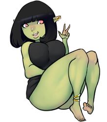  black_hair female green_body green_skin hair humanoid humanoid_pointy_ears monster_girl_(genre) not_furry orc red_eyes scas solo 