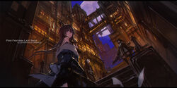  1boy 2girls arcana_(swd3e2) armor artist_name black_hair black_legwear blue_jacket blue_sky building cityscape commentary dark dress fantasy floating_hair from_below full_moon gauntlets highres holding horns jacket letterboxed long_hair looking_at_viewer moon multiple_girls night off_shoulder outdoors paradise_(swd3e2) photoshop_(medium) pixiv_fantasia pixiv_fantasia_last_saga purple_eyes sky standing swd3e2 thighhighs white_dress white_hair 