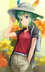  aged_up bad_id bad_pixiv_id belt blue_eyes character_name commentary_request cowboy_shot female green_hair hair_tie hand_in_pocket hand_on_headwear hat_feather helmet jacket kaban_(kemono_friends) kemono_friends kemono_friends_2 no_gloves photoshop_(medium) pith_helmet ponytail shirt short_hair short_sleeves shorts sidelocks solo t-shirt tamamushi v-neck 