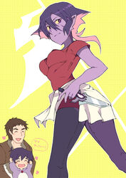  2boys ^_^ aged_down baby black_hair breasts brown_hair closed_eyes clothes_around_waist colored_sclera colored_skin commentary_request facial_hair facial_mark family father_and_son female impossible_clothes impossible_shirt jacket keith&#039;s_father_(voltron) keith_(voltron) knife krolia medium_breasts miyata_(lhr) mother_and_son multicolored_hair multiple_boys open_mouth pink_hair pointy_ears purple_eyes purple_hair purple_skin shirt smile spoilers stubble translated two-tone_hair voltron:_legendary_defender voltron_(series) yellow_sclera 