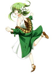  :d clenched_hands coat commentary female flower green_coat green_eyes green_hair hair_flower hair_ornament highres khnchak looking_at_viewer looking_back open_mouth original ponytail running sandals smile solo white_flower 