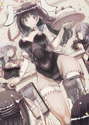  5girls animal_ears bad_id bad_pixiv_id black_hair bow bowtie bridal_garter cake camera cellphone cellphone_photo commentary_request confetti cup detached_collar drink drinking_glass fishnet_pantyhose fishnets food grey_hair half_updo highres long_hair multiple_girls muted_color original pantyhose phone playboy_bunny rabbit_ears rabbit_tail sailor_collar sailor_shirt shirt smartphone tail taking_picture tefec tray wavy_mouth wine_glass wrist_cuffs 