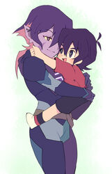  1boy aged_down black_hair bodysuit carrying child_carry colored_sclera colored_skin commentary_request facial_mark female grey_eyes keith_(voltron) krolia lolicon miyata_(lhr) mother_and_son multicolored_hair open_mouth pink_hair pointy_ears purple_hair purple_skin shorts smile spoilers two-tone_hair voltron:_legendary_defender voltron_(series) yellow_sclera 