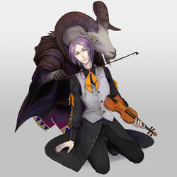  1boy black_footwear black_pants bow_(music) commentary_request expressionless full_body goat instrument joshua_drac karenberg male_focus pants photoshop_(medium) purple_hair shoes unlight vest violin yellow_eyes 