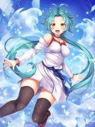  :d antenna_hair aqua_hair bare_shoulders black_thighhighs blush breasts choker commentary_request detached_sleeves dress duel_monster effect_veiler female highres long_hair long_sleeves looking_at_viewer low_twintails medium_breasts open_mouth panties pantyshot smile solo striped_clothes striped_panties thighhighs twintails underwear very_long_hair white_dress wings yellow_eyes yu-gi-oh! yuki_usagi_(snowcanvas) 