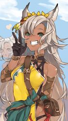  2girls animal_ears bare_shoulders black_gloves blush breasts cat_ears collarbone commentary_request dark-skinned_female dark_skin erune flower gloves granblue_fantasy green_eyes grey_hair hair_flower hair_ornament highres kochiya_(gothope) looking_at_another looking_at_viewer looking_back medium_breasts melleau multiple_girls nemone short_hair sleeveless smile solo_focus teeth v 