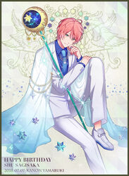  1boy artist_name black_border blue_eyes blue_necktie border boyfriend_(kari) cape character_name constellation dated foot_out_of_frame formal happy_birthday highres jewelry knee_up looking_at_viewer male_focus necklace necktie pants pink_hair shu_sagisaka sitting solo star_(symbol) suit wand white_footwear white_pants white_suit yamabuki_kanon 