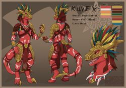  anthro armor bottomwear claws clothing digitigrade dinosaur dromaeosaurid extinct gutter_tongue jewelry loincloth male mask mesoamerican model_sheet necklace prehistoric_species red_body red_scales reptile scales scalie sharp_teeth smile solo teeth theropod toe_claws 