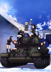  6+girls :d absurdres aircraft_carrier alina_(girls_und_panzer) black_footwear black_hair black_skirt blonde_hair boots brown_hair brown_hat brown_jacket camera clara_(girls_und_panzer) crossed_arms day floating_hair girls_und_panzer glasses hat highres holding holding_camera jacket katyusha_(girls_und_panzer) kiev_(aircraft_carrier) kiev_(girls_und_panzer) knee_boots leaning_forward long_hair looking_at_viewer looking_back military military_vehicle miniskirt motor_vehicle multiple_girls nina_(girls_und_panzer) nonna_(girls_und_panzer) official_art open_mouth outdoors pleated_skirt pravda_military_uniform ship short_hair sidelocks sitting skirt smile t-34 t-34-85 tank warship watercraft yoshida_nobuyoshi 