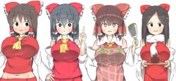  4girls akabeco apron black_eyes black_hair blush bow breasts brown_hair censored censored_food commentary_request cookie_(touhou) hair_tubes hairbow hakurei_reimu huge_breasts index_finger_raised large_breasts looking_at_viewer mosaic_censoring multiple_girls navel noel_(cookie) open_mouth parted_lips red_bow red_eyes rurima_(cookie) scarf shinonome_(cookie) shiromiya_rei smile touhou white_scarf 