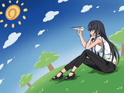  armpits black_footwear black_hair blunt_bangs breasts cloud commentary_request day female grass head_rest khnchak large_breasts long_hair original paper_airplane profile shoes sitting sleeveless smile solo sun tree very_long_hair 