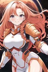  ai_generated armor armored armored_boots armored_female armored_gloves astronaut astronaut_suit blush blush_lines braid braided_hair braids breast_plate breastplate cute cute_face long_hair long_red_hair markings medium_breasts neckwear orange_and_white orange_armor orange_armwear orange_collar orange_markings planet purple_eyes red_hair ring rings shin_guards shoulder_length_hair smile smiling space spacesuit thick_thighs white_breasts 