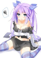  bare_shoulders blue_eyes blush breast_hold breasts cleavage collarbone commentary_request female hair_ribbon highres kakao_(chocolate_land) long_hair medium_breasts midriff navel off_shoulder open_mouth original purple_hair ribbon sitting skirt solo spoken_squiggle squiggle strap_slip striped_clothes striped_thighhighs thighhighs twintails wariza yukaribe_setsuko zettai_ryouiki 