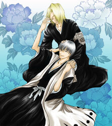  bleach blonde_hair flower grey_hair hug ichimaru_gin izuru_kira japanese_clothes shounen_ai yaoi 