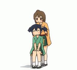  2girls ^_^ ahoge animated animated blue_hair brown_eyes brown_hair closed_eyes commentary_request geta hiryuu_(kancolle) homura-yoshida35 hyadain_no_joujou_yuujou kantai_collection kneehighs lowres multiple_girls nichijou parody playing_with_another&#039;s_hair short_hair simple_background sitting socks souryuu_(kancolle) tabi twintails two_side_up white_background 