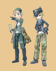  2girls armor blonde_hair brown_hair busou_shinki commentary_request doll_joints green_eyes joints mecha_musume multiple_girls murmeltier ugai_yuichi 